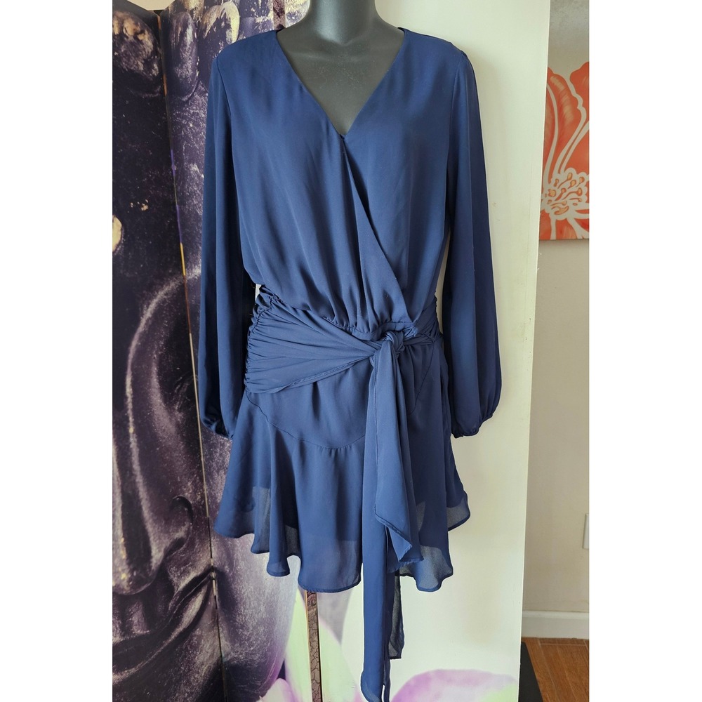 Krisa Blue Long Sleeve‎ Surplice Mini Dress K-2102MW Navy Ruched Back XS
